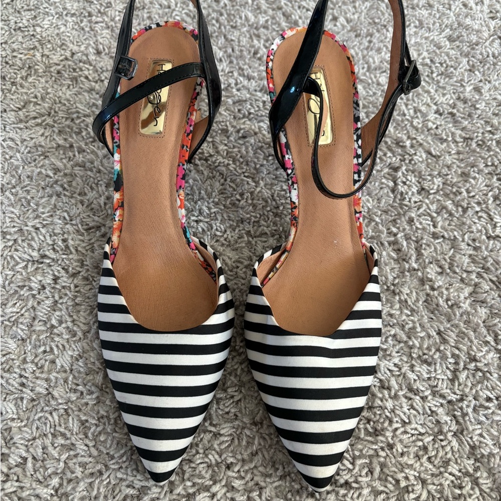 Never Worn Halogen Black and White Striped Heels with Floral Accent